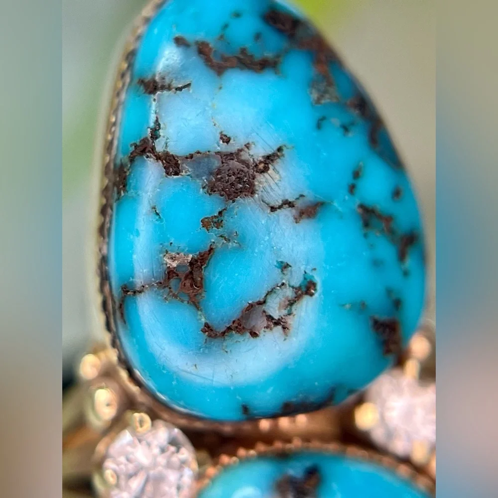 Vintage 14k Yellow Gold Turquoise Diamond Ring - Picture 11 of 15